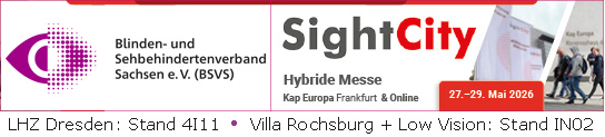 Links befindet sich das Logo des BSVS e. V. und der Verbandsname in schwarzer Schrift. Rechts daneben ist das SightCity-Logo mit dem Schriftzug 'SightCity'. Darunter steht 'Hybride Messe' sowie der Veranstaltungsort 'Kap Europa Frankfurt & Online' und das Datum '27.–29. Mai 2026'. Im unteren Bereich sind Standnummern des LHZ Dresden (4I11) und der Villa Rochsburg zusammen mit Low Vision (Stand IN02) aufgelistet.