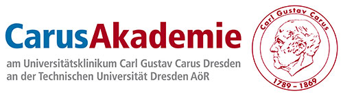 Logo der Universitätsklinik in Dresden mit der Silhouette von Carl Gustav Carus und dem Schriftzug Carus Akademie.