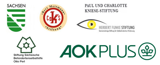 Logos BPA Förderer - Freistaat Sachsen, Bert-Mettmann-Stiftung, Paul-und-Charlotte-Kniese-Stiftung, Herbert-Funke-Stiftung, Stiftung Sächsische Behindertenselbsthilfe Otto Perl, AOK Plus