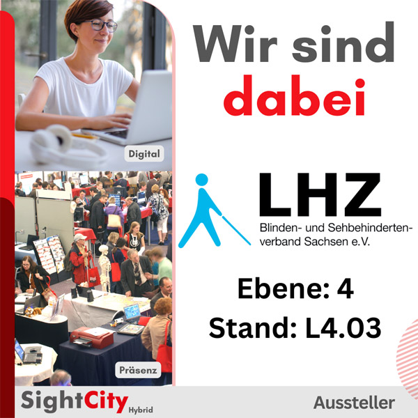 Das Bild zeigt einen Veranstaltungsflyer der SightCity 2023 mit uns als Aussteller und enthält kleine Bilder vom Messegeschehen